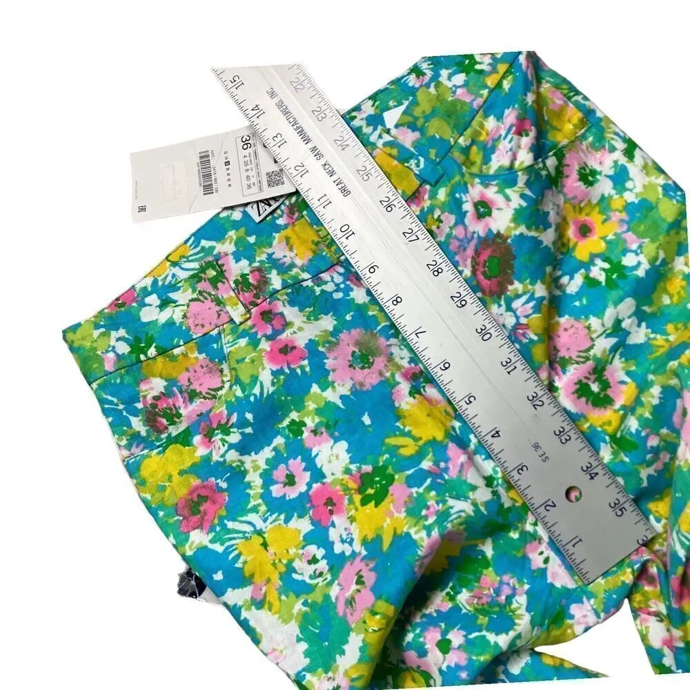 Zara Pants WMNS 4 Green Linen Blend Flared‎ Trousers Blue Pink Floral Cropped